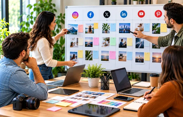 Marketing team planning a social media posting schedule