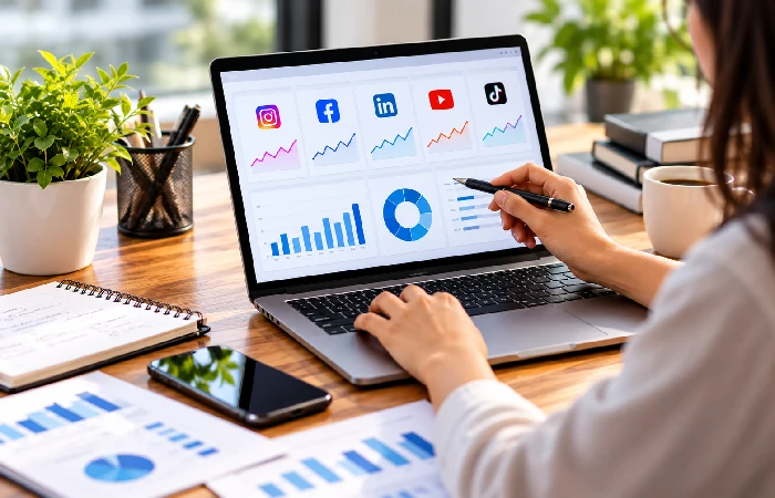 Social media manager organizing posts on a monthly content calendar