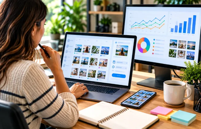 Social media manager reviewing scheduled content and performance