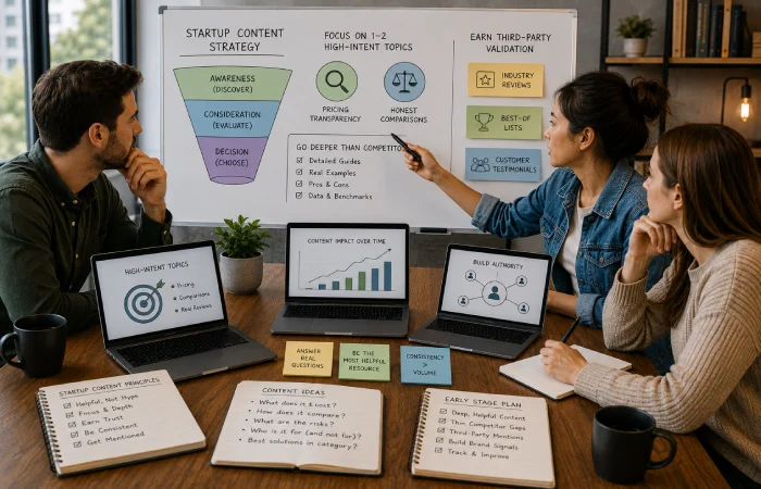 Startup marketing team developing focused high-intent content and building third-party brand visibility through reviews and industry mentions