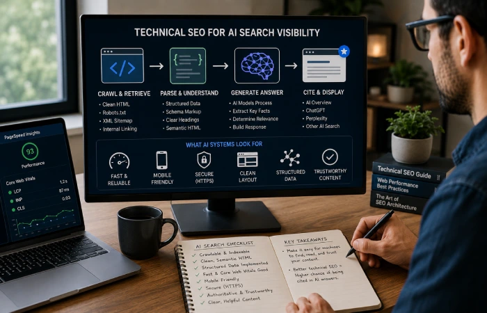 SEO specialist optimizing website content and technical infrastructure for AI search retrieval and citations