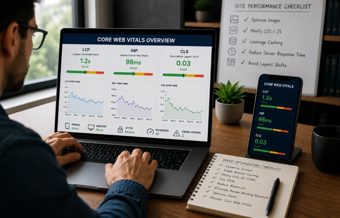 SEO professional monitoring website loading speed, responsiveness, and layout stability metrics