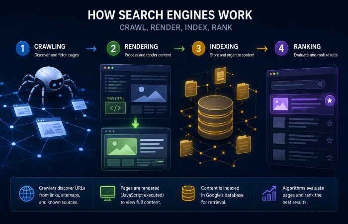 SEO professional analyzing the technical process of crawling, rendering, indexing, and ranking a website