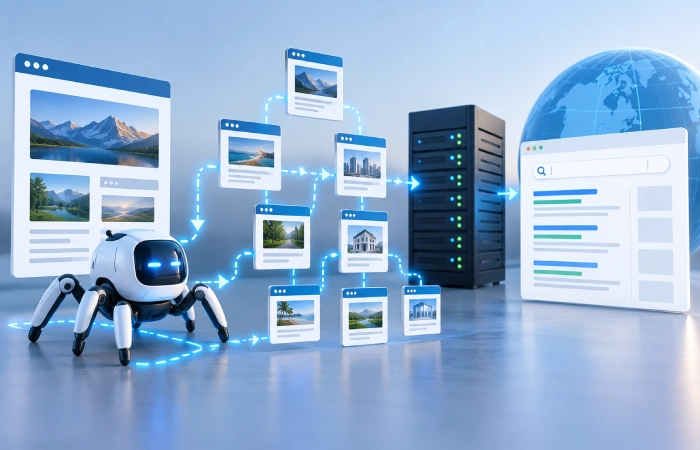 Search engine crawler navigating website pages for crawlability and indexing