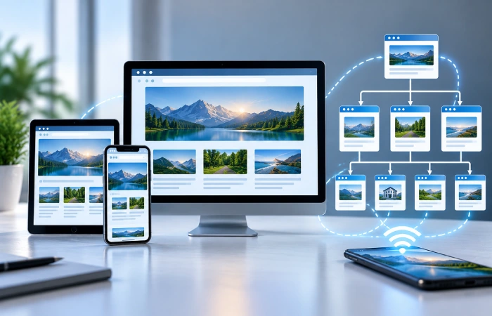 Responsive website structure showing mobile rendering and connected site architecture