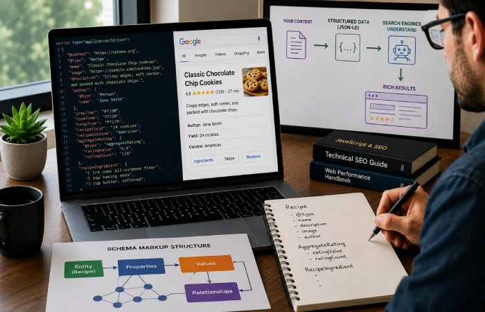 Developer implementing structured data and connected schema relationships for a website