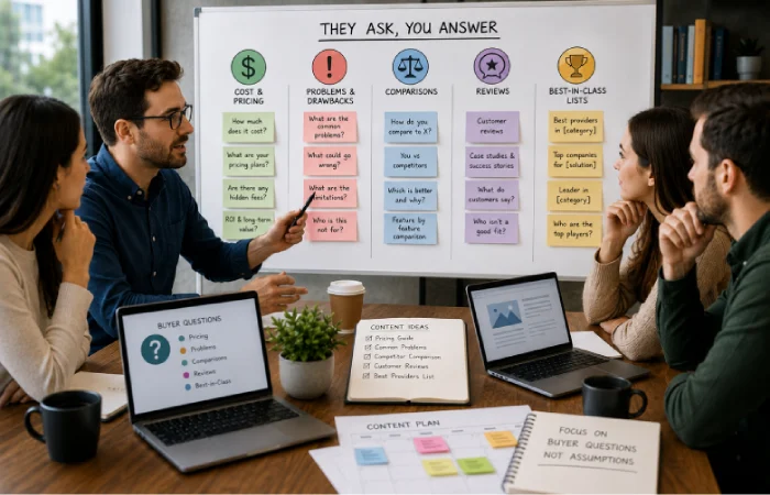 Marketing team organizing buyer questions into pricing, problems, comparisons, reviews, and best-in-class content categories