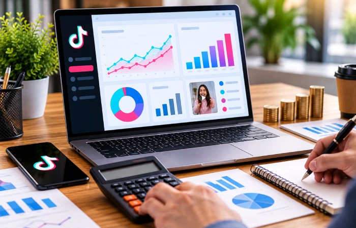 TikTok advertising budget and campaign cost analysis on a laptop