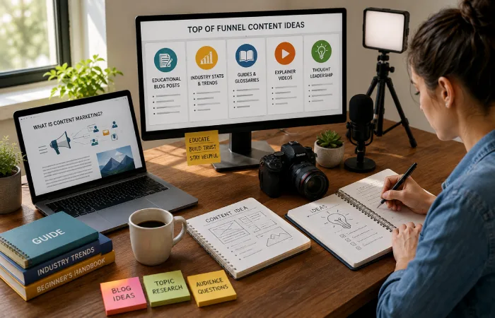 Content creator developing educational blog posts, guides, videos, and industry resources for new prospects
