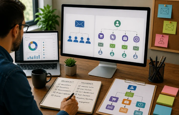 Marketer organizing broadcast newsletters, promotional emails, and automated triggered email campaigns