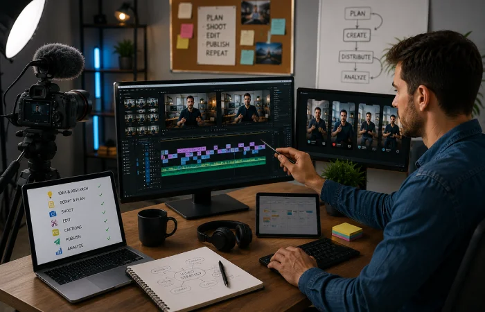 Business team recording tutorials, product demonstrations, interviews, testimonials, and behind-the-scenes video content