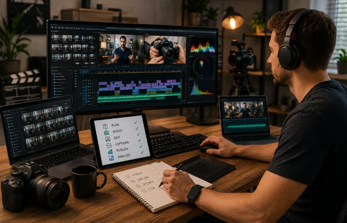 Video marketing team planning, filming, editing, captioning, and preparing multiple pieces of content for different platforms