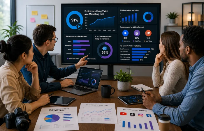 Marketing team analyzing video performance data, audience engagement, and content metrics on digital screens