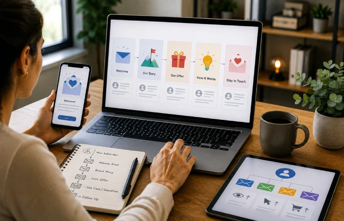 New subscriber receiving a personalized welcome email while a marketer reviews an automated onboarding sequence