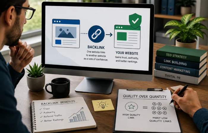 Digital marketing professional analyzing relationships between websites and authoritative backlink opportunities