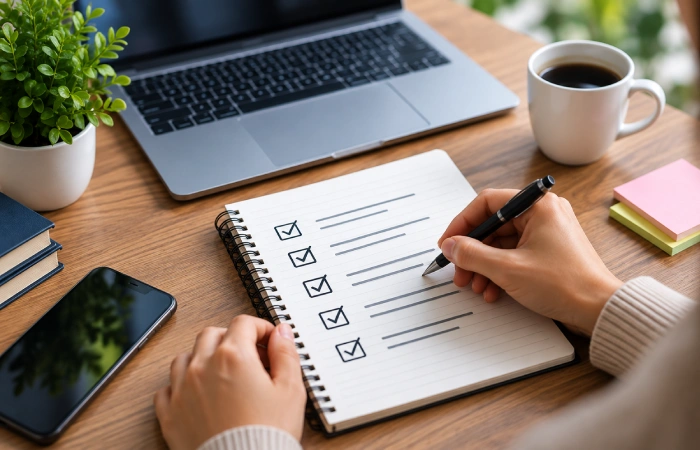 Person writing a checklist for creating an effective meta description