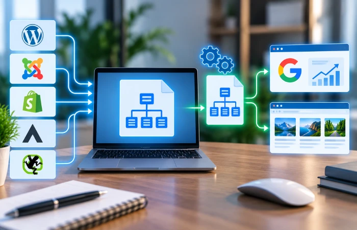 Sitemap generation workflow using CMS and website crawling tools