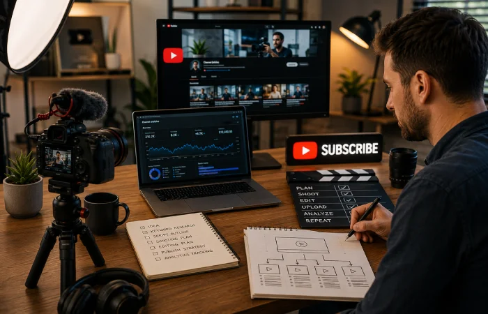 Content marketer planning YouTube videos using a camera, laptop, analytics dashboard, and organized video production setup